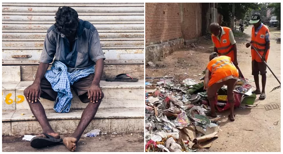 Image on the left shows a drunk man in TN. Image on the right shows firecracker garbage removed in Hyderabad.