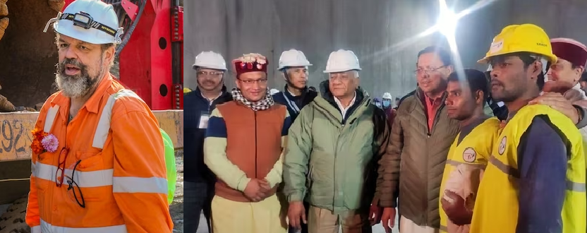 International tunnelling expert Arnold Dix - Uttarakhand CM Pushkar Singh Dhami and Union Minister VK Singh with rescued workers