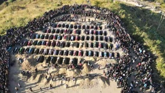 An aerial view of the mass burial of Kuki-Zo victims of Manipur's ethnic violence at Churachandpur on Wednesday - HT Image