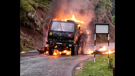 An army truck in flames after terrorist ambush it in Poonch district - PTI Photo - HT