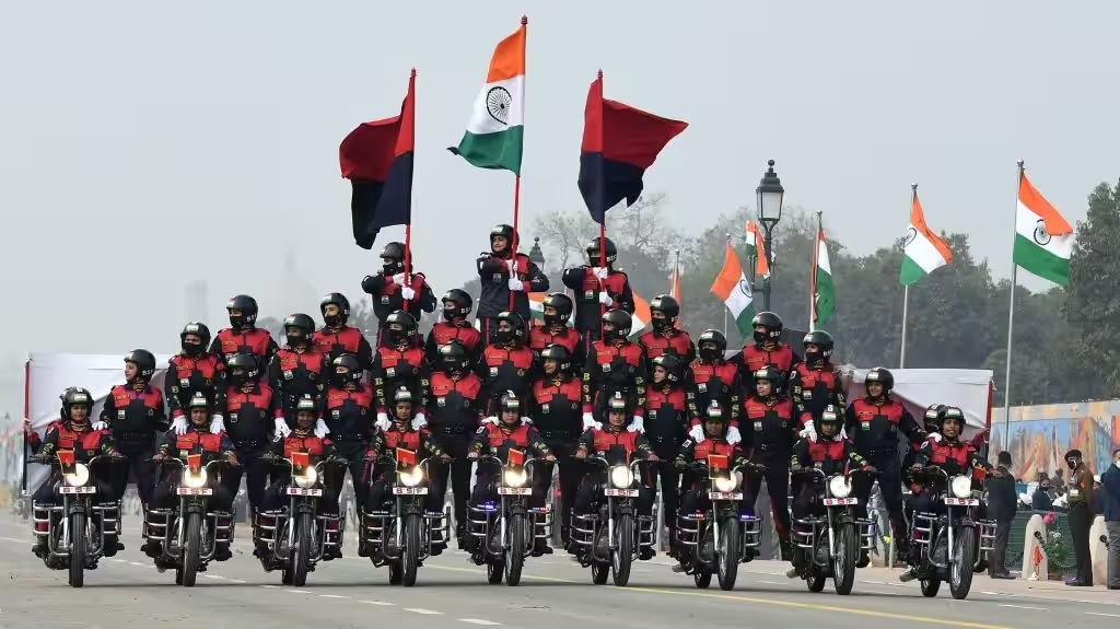 An all-woman contingent of women bikers performing brave stunts at the 2024 Republic Day Parade